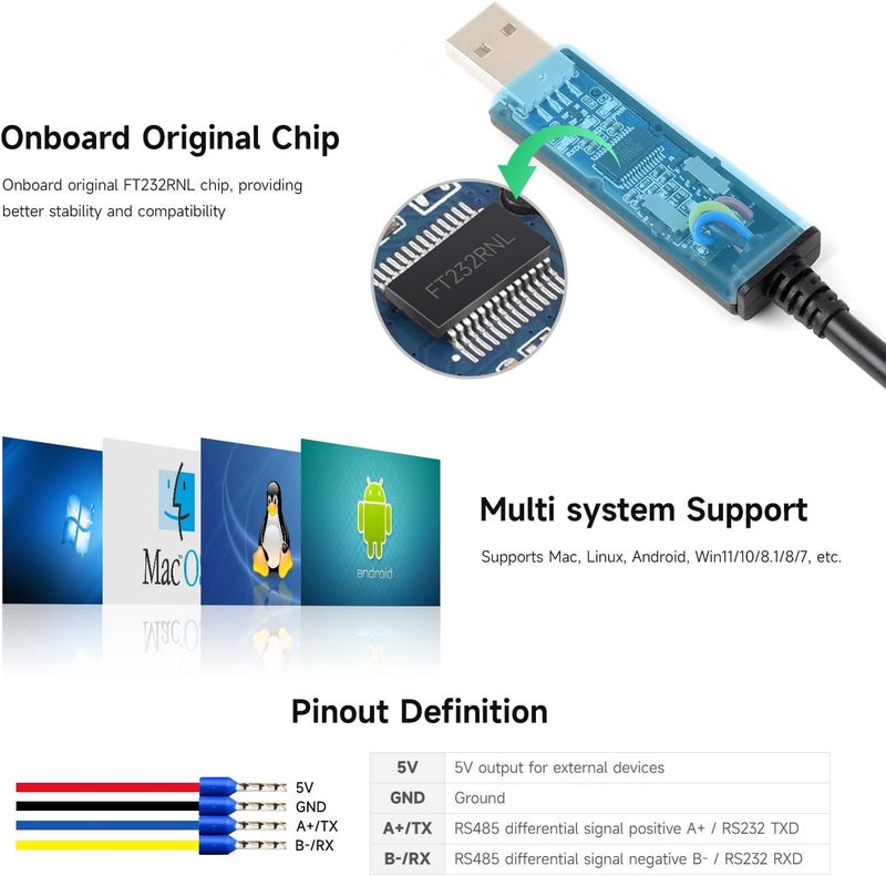 Waveshare Wavesahre USB to RS232/485 Serial Cable, Original FT232RNL Chip, Compatible with Mac, Linux, Android, Win11/10/8.1/8/7, Onboard Power and Signal Indicators, Multi-OS Compatible & Device Applicable - Image 5
